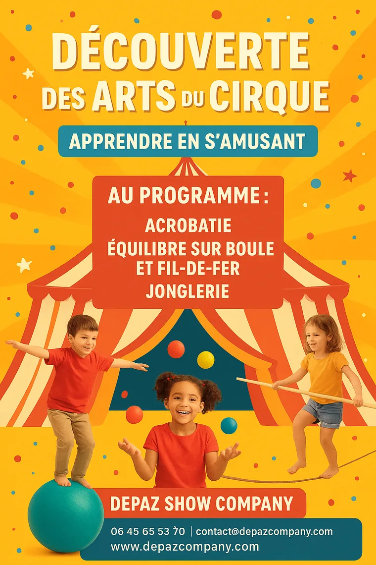 Affiche « Découverte des arts du cirque » : acrobatie, équilibre sur boule et fil de fer, jonglerie.