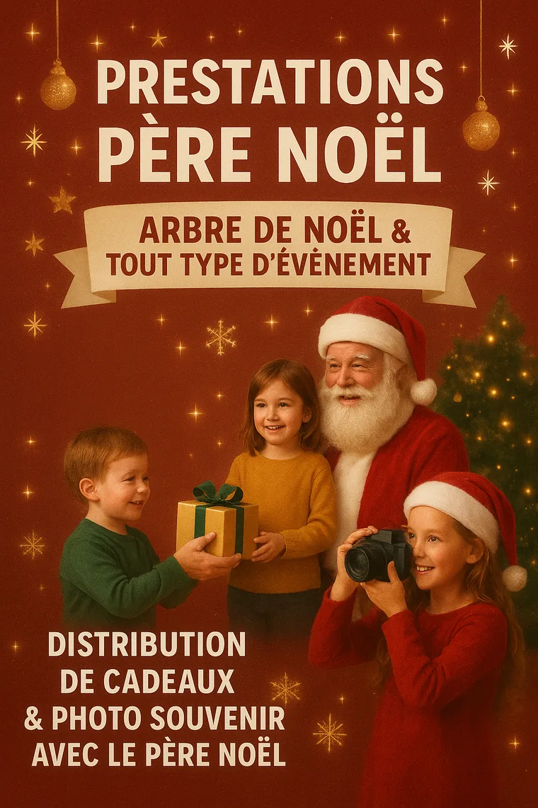 Affiche des prestations Père Noël : arbre de Noël et tout type d'événement.