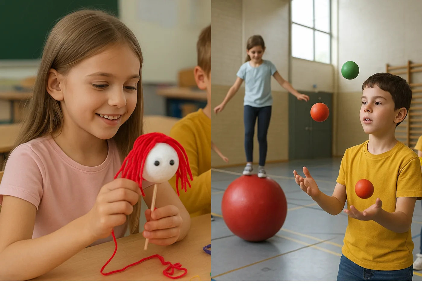Atelier d'initiation aux arts du cirque avec des enfants en milieu scolaire.