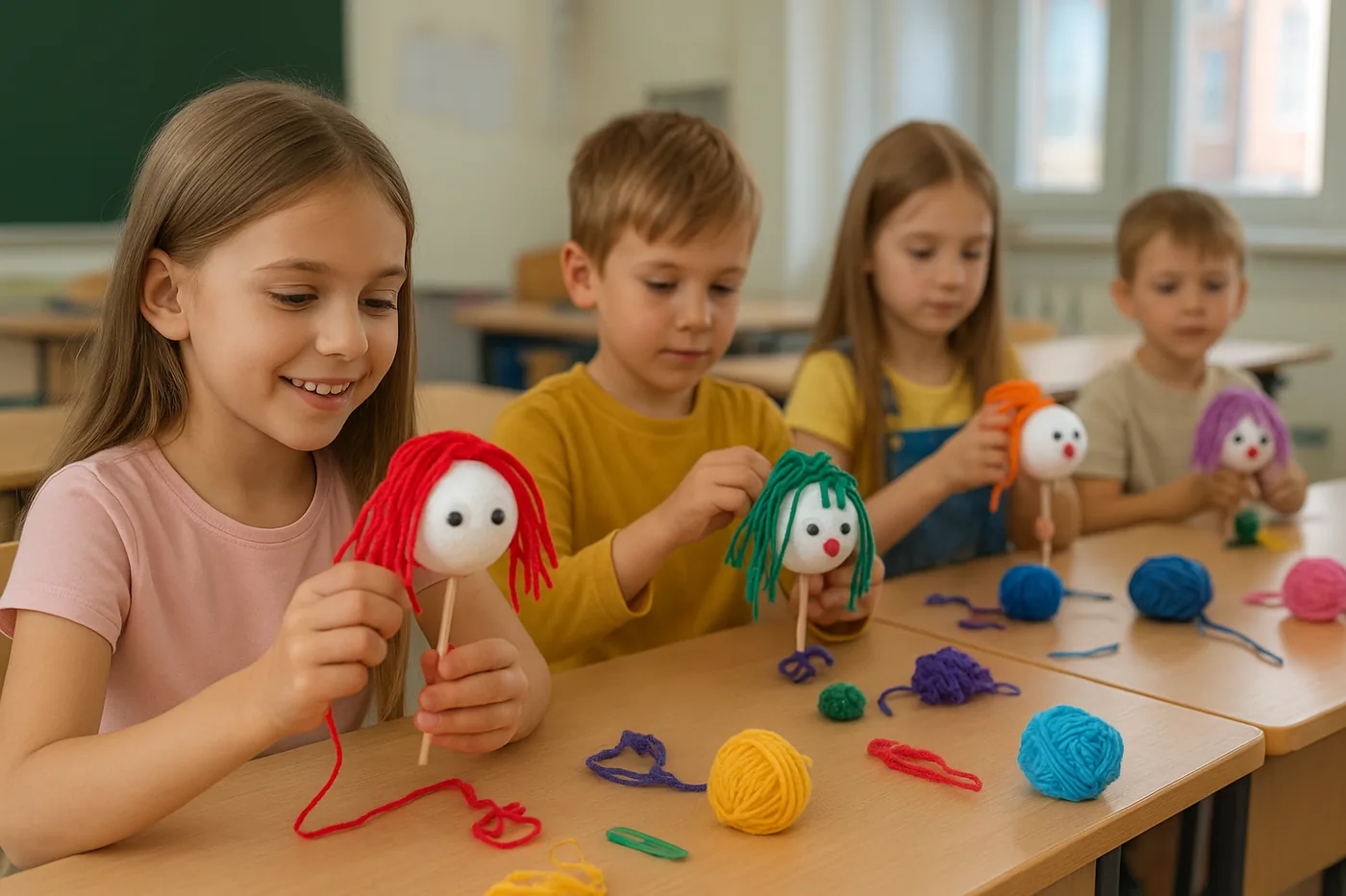 Des enfants assis à une table fabriquent leurs propres marionnettes en atelier.